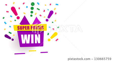 Super prizes win on violet gift box, loyalty program reward. Holiday gift box. Wonder gift with exclamation mark and confetti. Vector icon in modern flat style 130665759