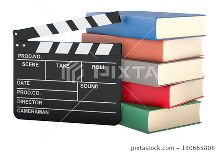 Book to movie adaptation, concept. Film clapperboard and stack of books. 3D rendering 130665808