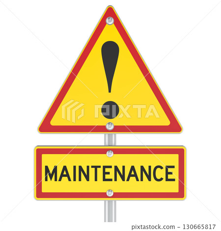 Maintenance road sign, yellow triangle with exclamation mark and text. 3D rendering Maintenance road sign, yellow triangle with exclamation mark and text. 3D rendering 130665817