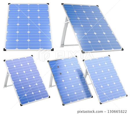 Solar panels set, blue photovoltaic modules in different angles. 3D rendering Solar panels set, blue photovoltaic modules in different angles. 3D rendering 130665822