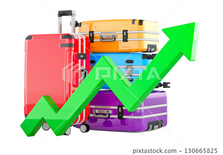 Travel industry growth, concept. Colorful suitcases with upward green arrow. 3D rendering Travel industry growth, concept. Colorful suitcases with upward green arrow. 3D rendering 130665825