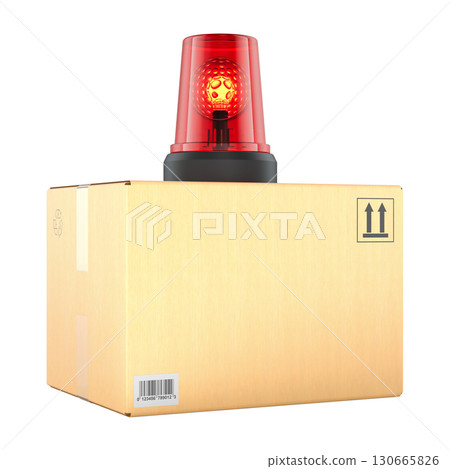 Urgent delivery package, concept. Parcel with red warning siren light. 3D rendering 130665826