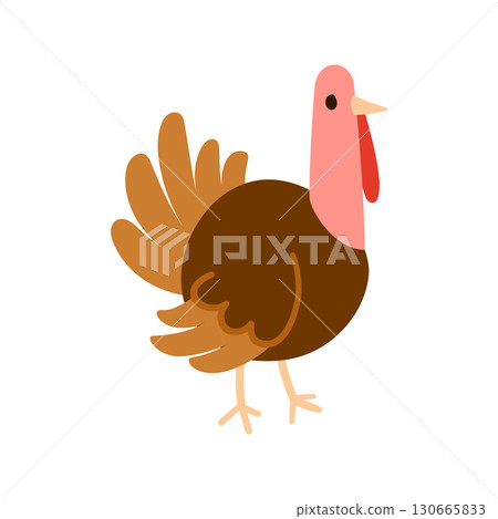 Simple flat turkey bird with fan tail and hanging wattle, standing in profile and isolated on white. Ideal for farm, poultry, holiday and kids themes 130665833