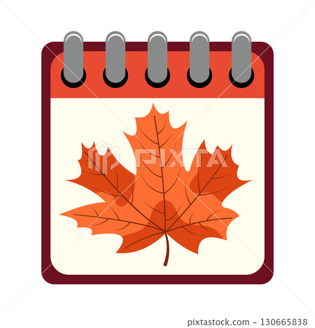 Autumn Calendar Icon with Maple Leaf. Vector illustration. A calendar page featuring a bright orange maple leaf, symbolizing the autumn season. Autumn Calendar Icon with Maple Leaf. Vector illustration. A calendar page featuring a bright orange maple leaf, symbolizing the autumn season. 130665838