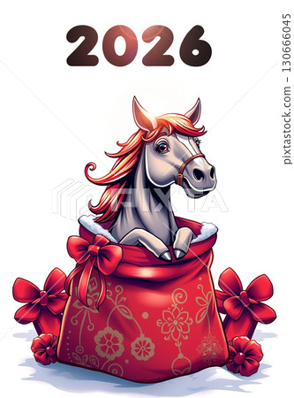 horse in red giftbag with numbers 2026. Card design for Chinese New Year lunar celebration horse in red giftbag with numbers 2026. Card design for Chinese New Year lunar celebration 130666045