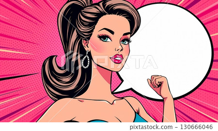 cartoon pop art woman showing confident gesture with speech bubble beside and comic pink background cartoon pop art woman showing confident gesture with speech bubble beside and comic pink background 130666046