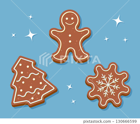 Christmas gingerbread cookies in the shape of a snowflake, a christmas tree and a man. Vector illustration in flat cartoon style. 130666599