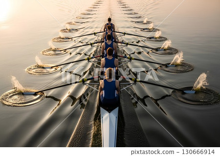 Rowing team in sync on kayak, gliding across perfectly calm water at sunset reflection and tranquility 130666914