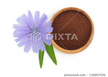 Chicory powder in wooden bowl and flower isolated on white background. Cichorium intybus. Top view. Flat lay Chicory powder in wooden bowl and flower isolated on white background. Cichorium intybus. Top view. Flat lay 130667036