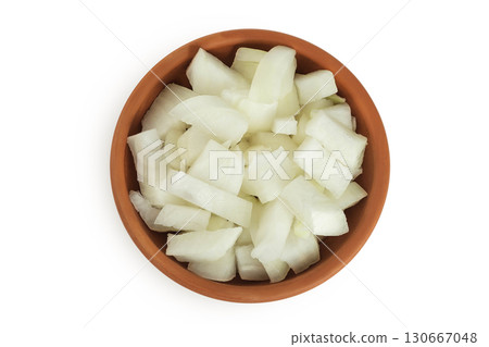 Onion slices in a ceramic bowl isolated on a white background. Top view. Flat lay. Onion slices in a ceramic bowl isolated on a white background. Top view. Flat lay. 130667048