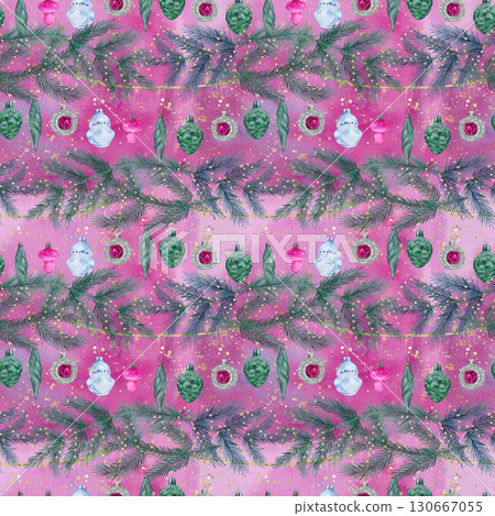 A beautifully vibrant Christmas pattern featuring colorful ornaments and lush pine greenery 130667055