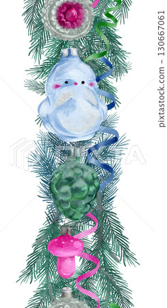 Adorable Winter Ornaments beautifully displayed on a colorful and festive Garland decoration 130667061