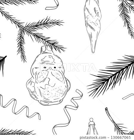 A beautiful pattern showcasing vintage Christmas ornaments and lush pine branches arrangement 130667065