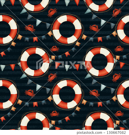 This vibrant Nautical Themed Pattern features delightful Lifebuoys and festive Banners 130667082
