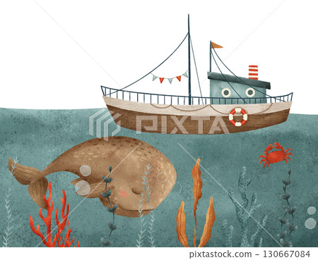 A Whimsical Underwater Scene Featuring a Boat and a Friendly Whale Swimming Nearby 130667084