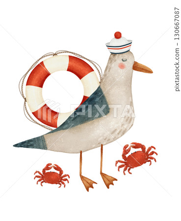 An exciting illustration depicting a seagull holding a lifebuoy along with crabs, perfect for kids An exciting illustration depicting a seagull holding a lifebuoy along with crabs, perfect for kids 130667087