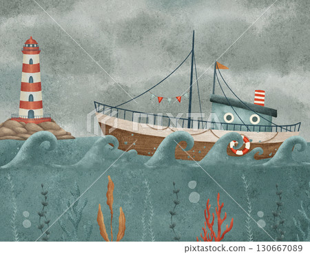 A Whimsical and Colorful Seascape Illustration Featuring a Boat Near a Cheerful Lighthouse 130667089