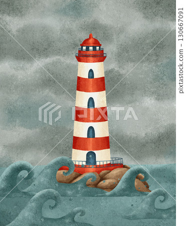 A Stunningly Vibrant Lighthouse Standing Tall Amid Stormy Waves in an Intricate Digital Artwork 130667091