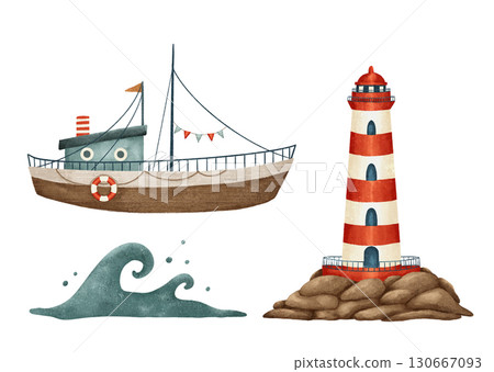 Charming Nautical Elements Featuring a Boat, a Lighthouse, and Beautiful Waves Nearby 130667093