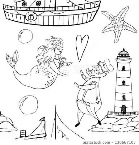Join a whimsical nautical adventure with a cheerful mermaid and a quaint lighthouse 130667103