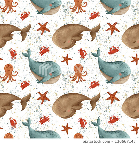 Whales, octopuses, starfish and crabs Pattern Featuring Underwater Creatures Ideal for Kids Design 130667145