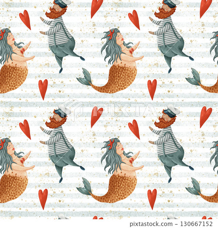 Cute seamless pattern with cartoon sailors and mermaids in love 130667152