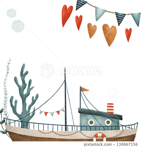 A charming illustration of a boat with heartshaped banners and coral decorations, evoking joy 130667156