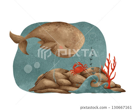 A whimsical underwater scene that beautifully features an endearing whale along with a crab 130667161