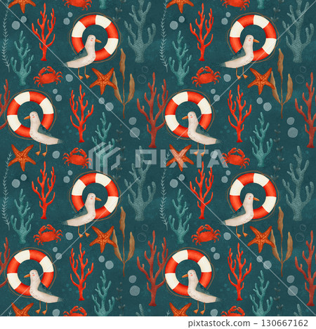 Seagull, lifebuoy, starfish and algae on a seamless hand-drawn pattern 130667162