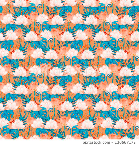A Bright and Vibrant Tropical Floral Pattern featuring Water Lilies and Lush Foliage 130667172