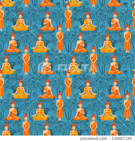 A Vibrant and Colorful Buddha Pattern Set Against a Beautiful and Serene Blue Background 130667184
