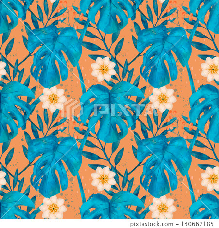 A vibrant pattern of lush tropical leaves elegantly combined with white flowers 130667185