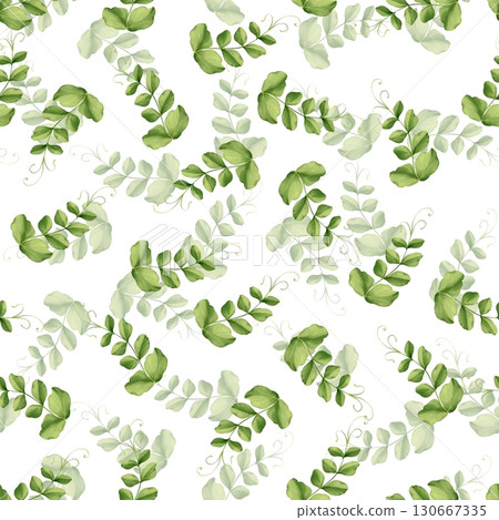Floral pattern of hand-drawn delicate leaves. Green leaves pattern. 130667335