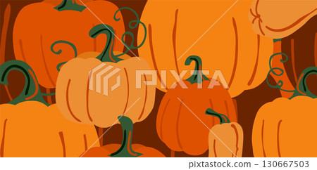 Pumpkin vector background. Thanksgiving, halloween illustration. American holiday greeting colorful pattern. Modern flat warm design for promotion, sale, discount, packaging 130667503