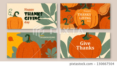 Thanksgiving vector set background with autumn leaves, pumpkins. American holiday greeting colorful banners with textured effect. Modern flat warm thankful design for promotion, sale discount graphic 130667504