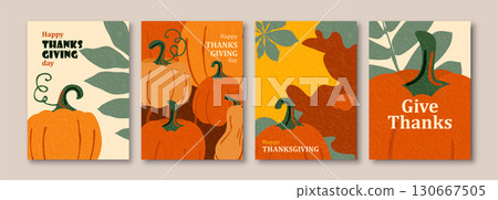 Thanksgiving vector set background with autumn leaves, pumpkins. American holiday greeting colorful posters with textured effect. Modern flat warm thankful design for promotion, sale discount graphic 130667505