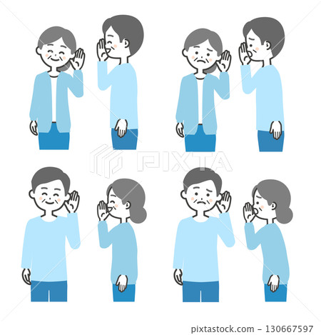 Illustration of an elderly man and woman whispering in each other's ears Illustration of an elderly man and woman whispering in each other's ears 130667597