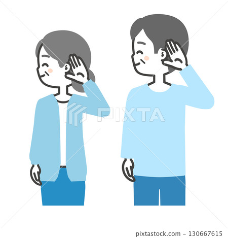 Illustration of an elderly man and woman smiling and listening Illustration of an elderly man and woman smiling and listening 130667615