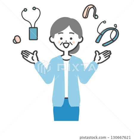 一位老年婦女比較各種助聽器和聲音擴大器的插圖 一位老年婦女比較各種助聽器和聲音擴大器的插圖 130667621