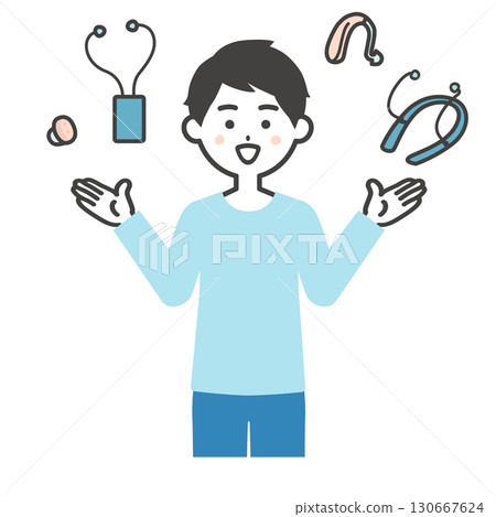 Illustration of a young man comparing various hearing aids and sound amplifiers 130667624