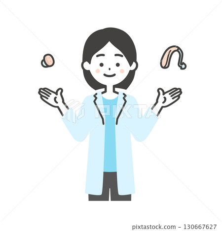 一位身穿白大褂的女士正在比較耳內式助聽器和耳背式助聽器 一位身穿白大褂的女士正在比較耳內式助聽器和耳背式助聽器 130667627