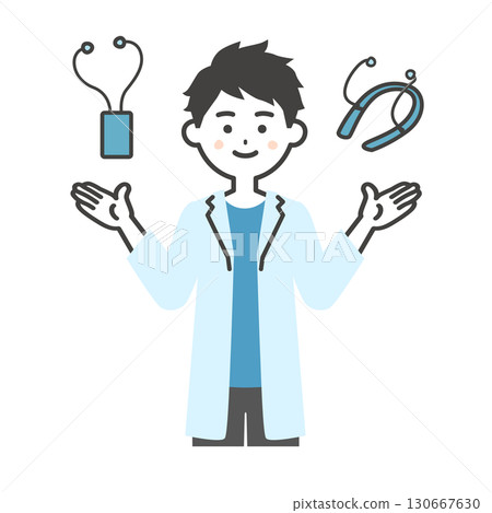 Illustration of a man in a white coat comparing hearing aids 130667630