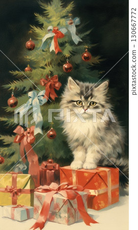 vintage card xmas christmas tree and cat, ai vintage card xmas christmas tree and cat, ai 130667772