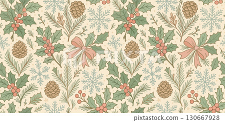 Vector seamless Christmas pattern. Holly berries, snowflakes, cones, needles and bows on light background 130667928