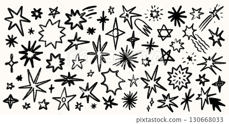 Chalk and rayon pencil Star set on light background brush pastel sketch. Chalk star elements with grain texture and pencil line. Perfect for posters, stickers, wallpaper, and fabric Chalk and rayon pencil Star set on light background brush pastel sketch. Chalk star elements with grain texture and pencil line. Perfect for posters, stickers, wallpaper, and fabric 130668033