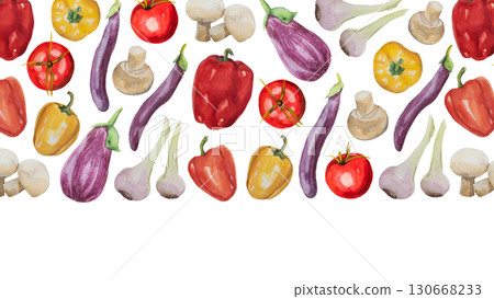 Watercolor vegetable template. Fall harvest illustration with tomatoes, eggplant, onion, garlic, mushrooms for farm market banner, menu Watercolor vegetable template. Fall harvest illustration with tomatoes, eggplant, onion, garlic, mushrooms for farm market banner, menu 130668233