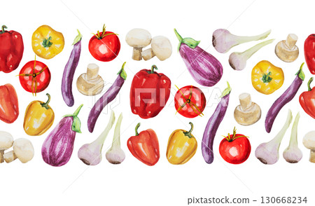 Watercolor vegetable seamless border. Fall harvest illustration with tomatoes, eggplant, onion, garlic, mushrooms for menu design, farm market banner 130668234