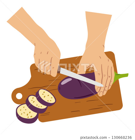Cutting board, hands slicing eggplant with kitchen knife, top view. Cooking, preparing healthy natural food, vegetable. Flat vector illustration Cutting board, hands slicing eggplant with kitchen knife, top view. Cooking, preparing healthy natural food, vegetable. Flat vector illustration 130668236
