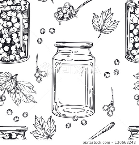 Seamless vector pattern from blanks, jam in jars, viburnum berries, leaves, spoons with jam. All objects are hand-drawn with ink. Illustration is suitable for printing on paper, fabric, for design. 130668248