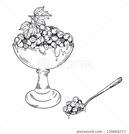 Vector composition of a vase of viburnum jam and a spoon of jam. Everything is hand-drawn in ink and translated into vector. The illustration is suitable for printing on fabric, paper, packaging. 130668251
